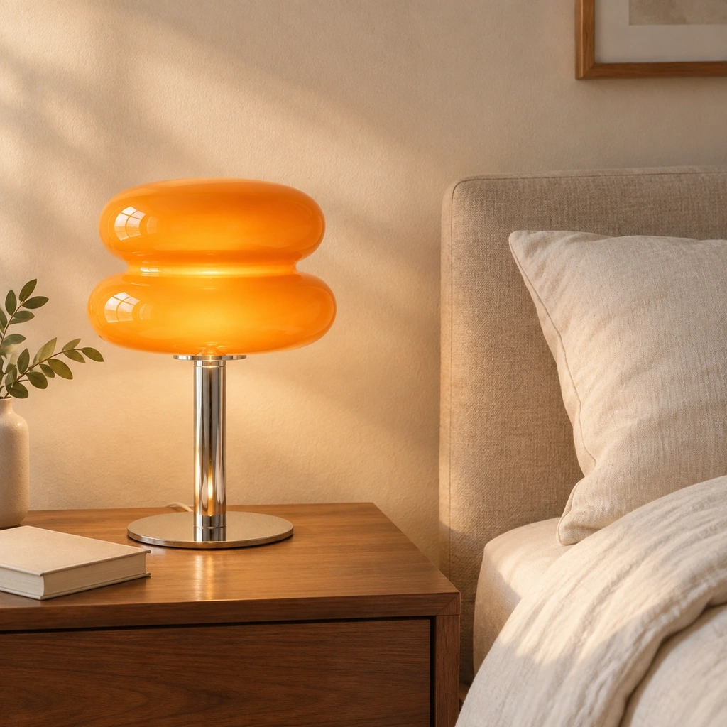 Lampada da tavolo Ripple arancione su un comodino in noce