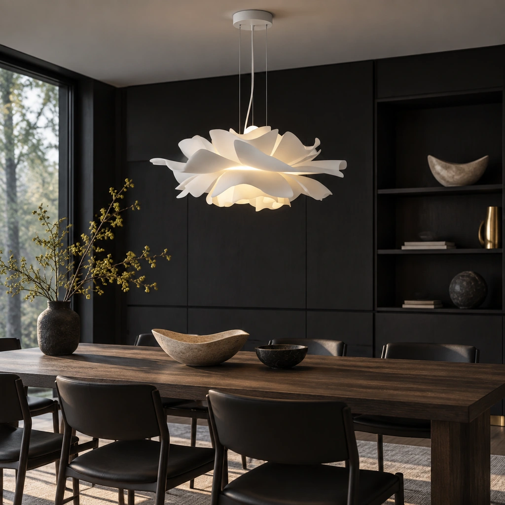 White lotus pendant above a dark dining table