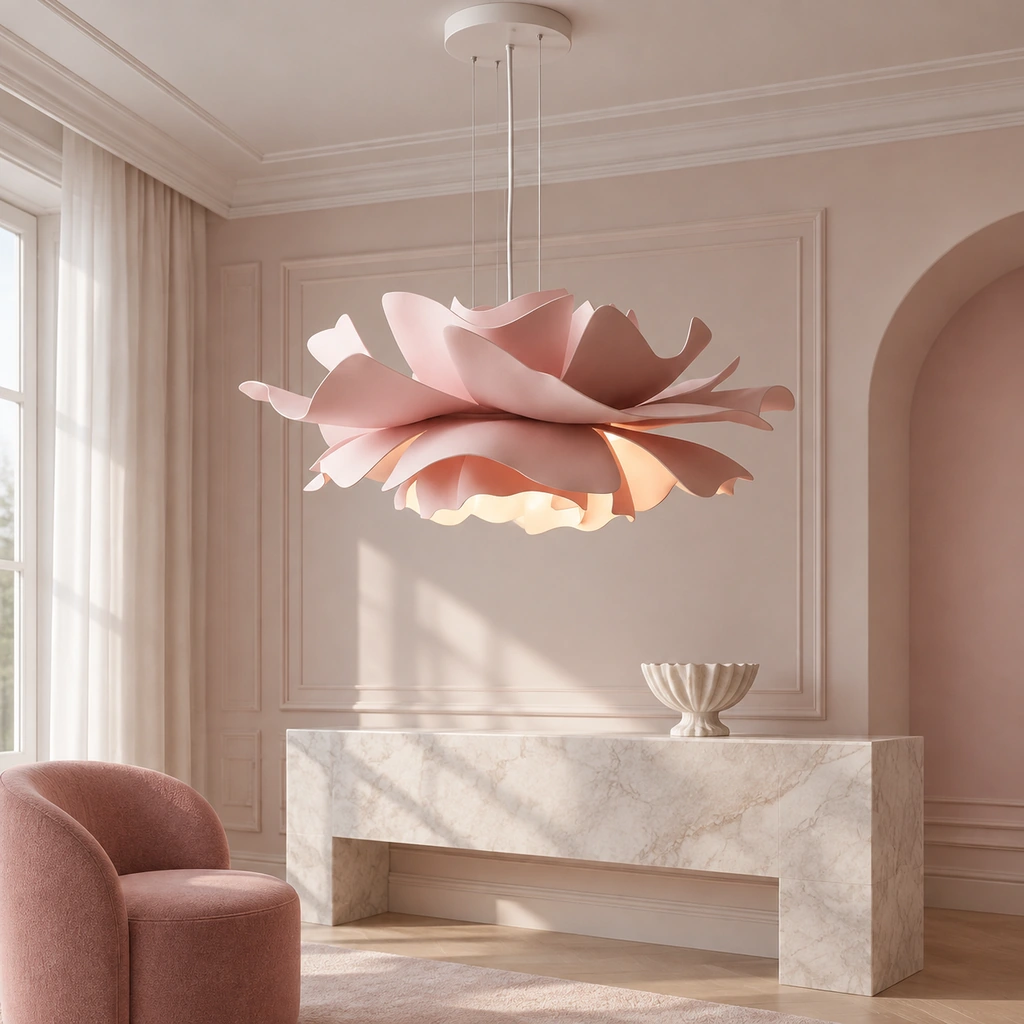 Pink lotus pendant above a marble console