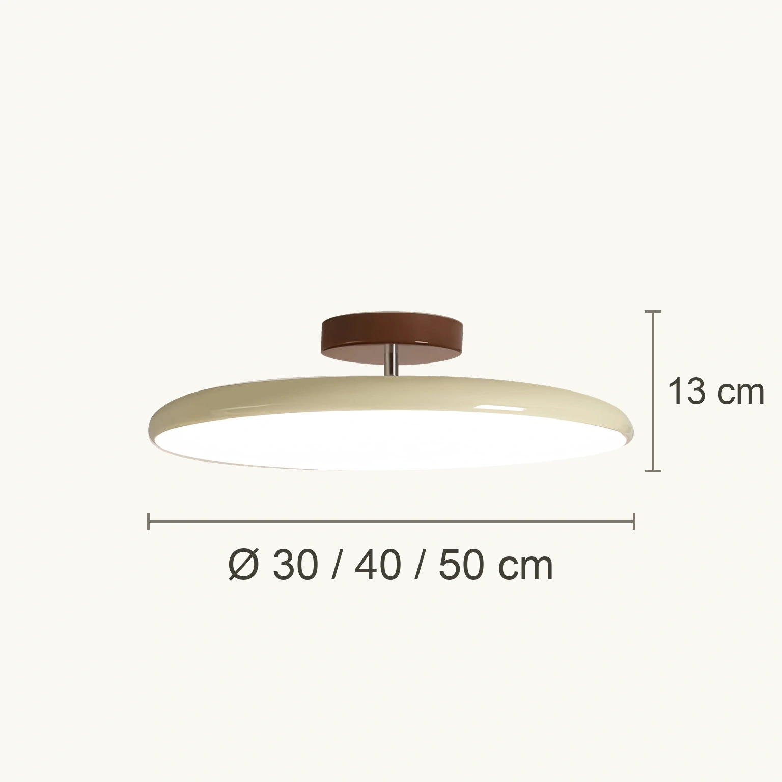 Dimensions du plafonnier Siren : diamètre de 30, 40 ou 50 cm et hauteur de 13 cm