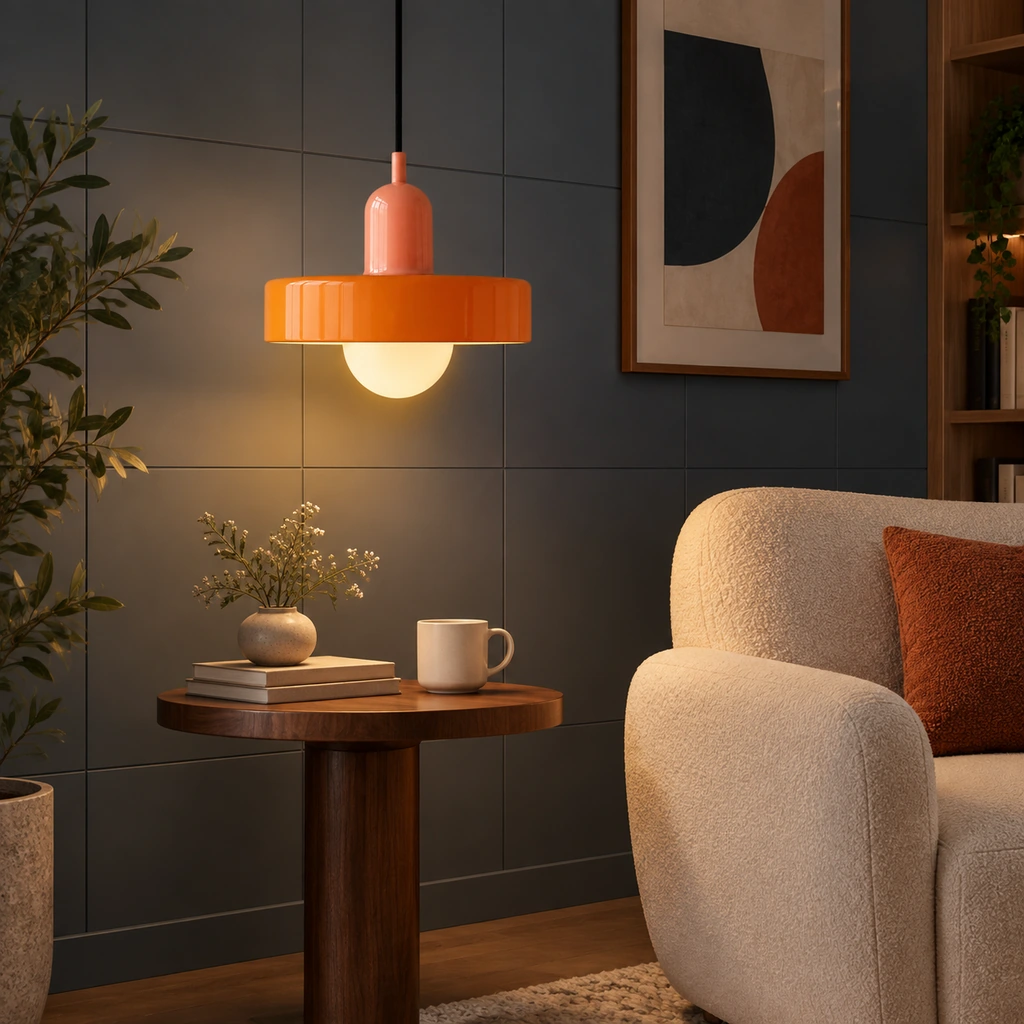 Pink and orange pendant above a reading side table