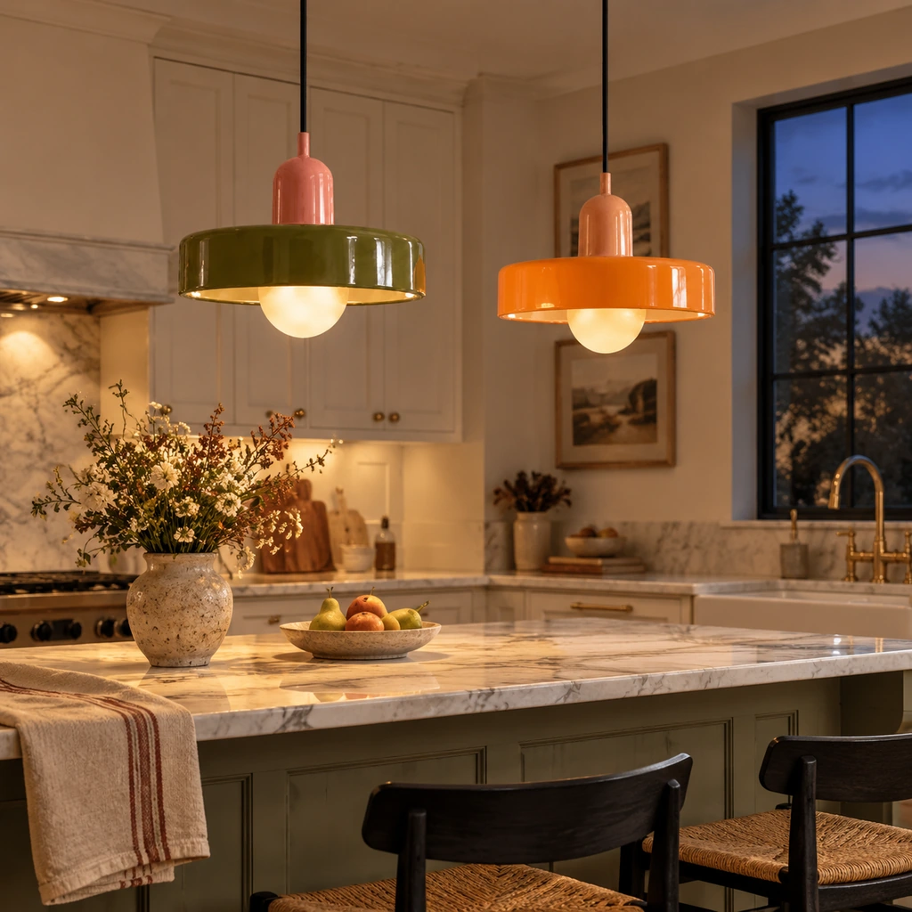 Two coloured disc pendants above a kitchen island at dusk