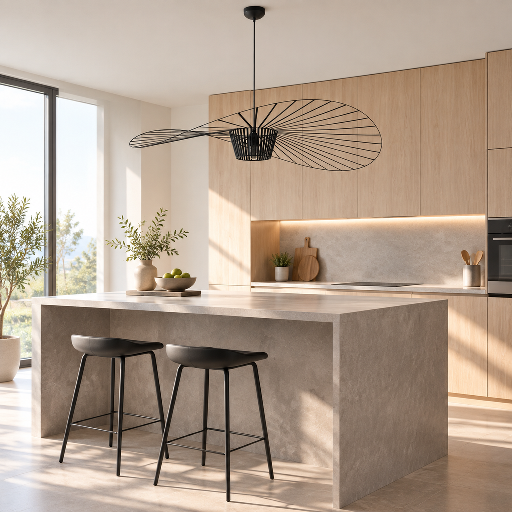 Black ribbon pendant above a single kitchen island