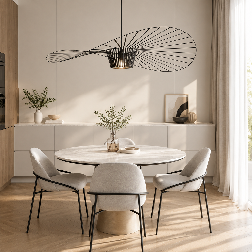 Black ribbon pendant above a modern dining table