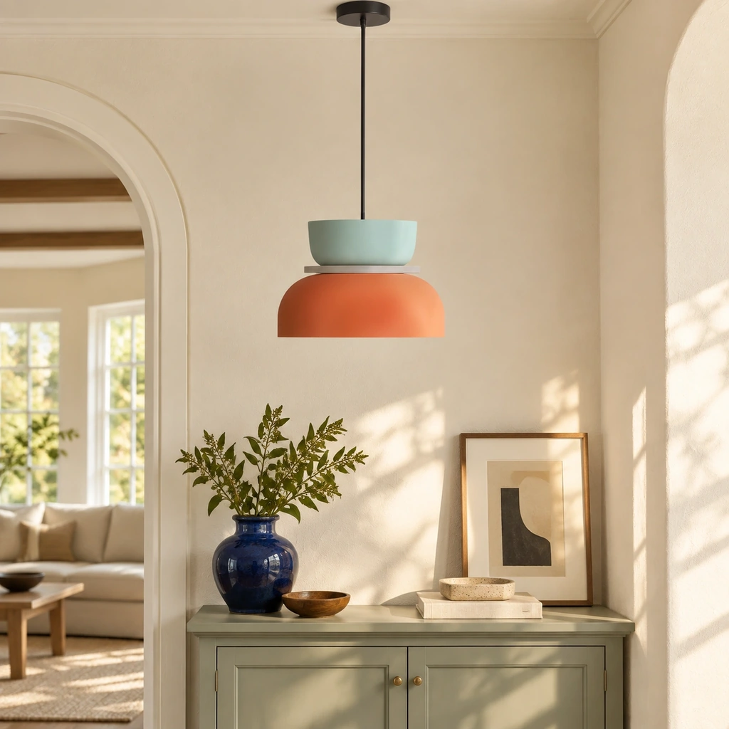 Lampadario a sospensione Macaron azzurro e arancione sopra una consolle del soggiorno.