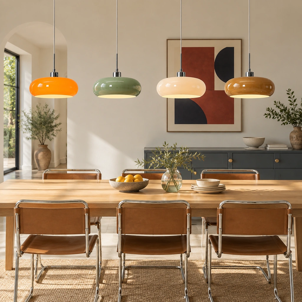 Orange, Green, White and Brown Hailie pendants above a dining table