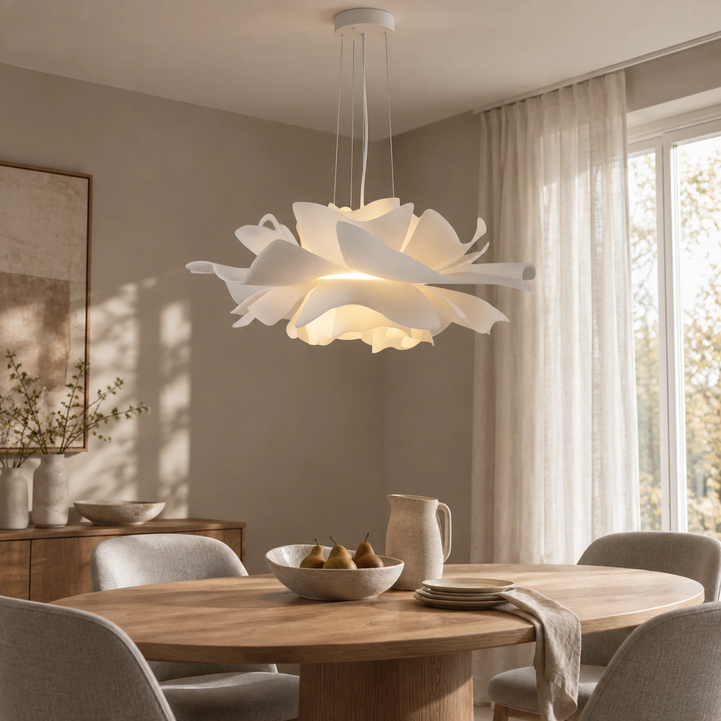 White lotus pendant above a round oak breakfast table