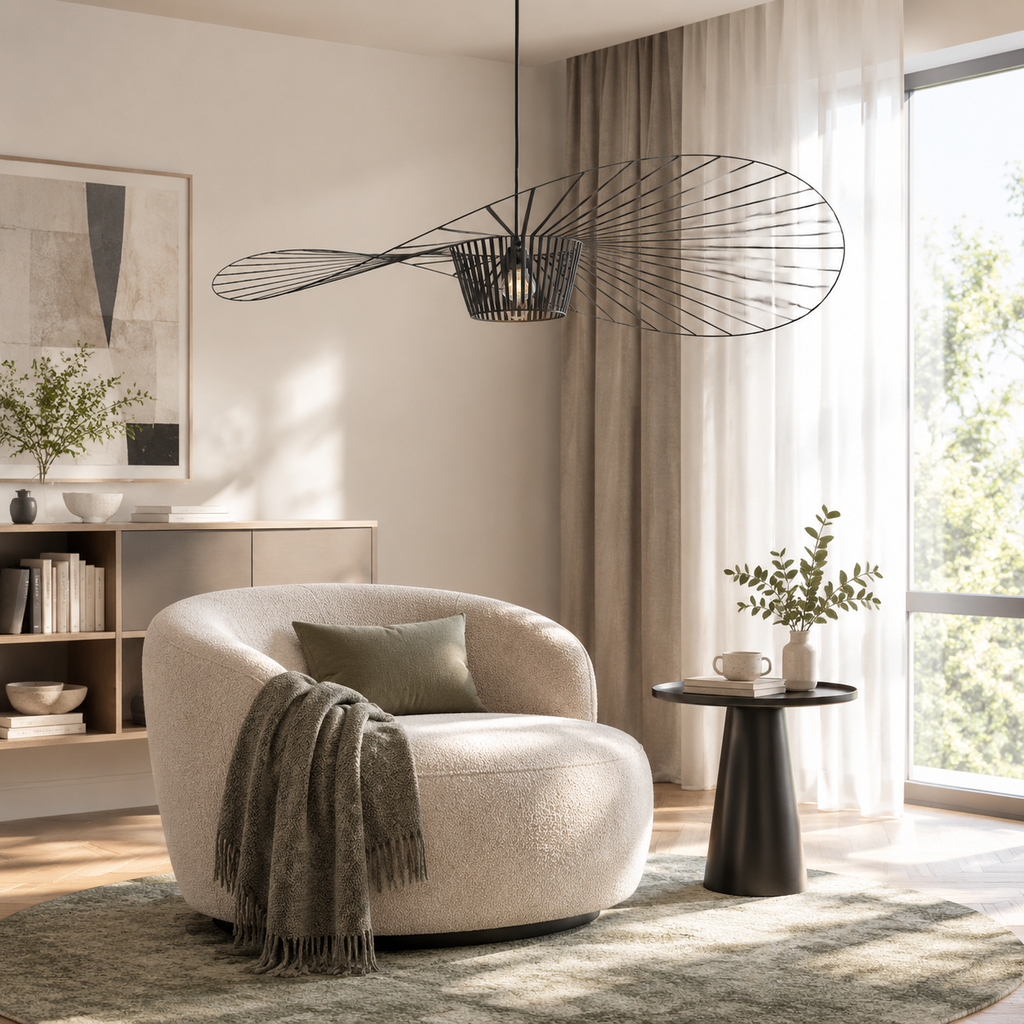 Black ribbon pendant in a modern reading corner