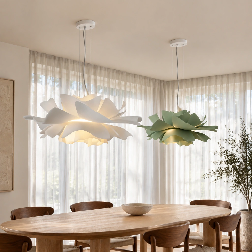 White and Sage Green lotus pendants above an oval dining table