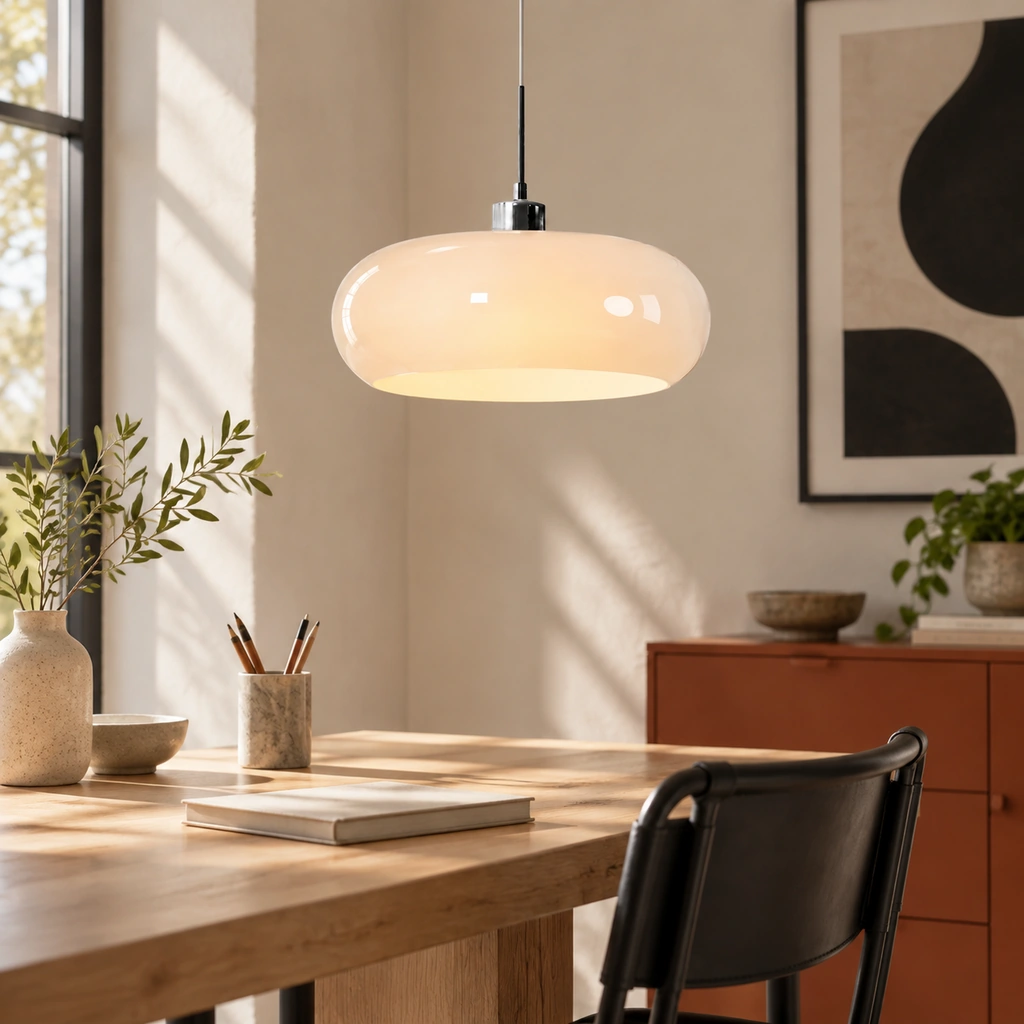 White Hailie pendant above a birch writing desk