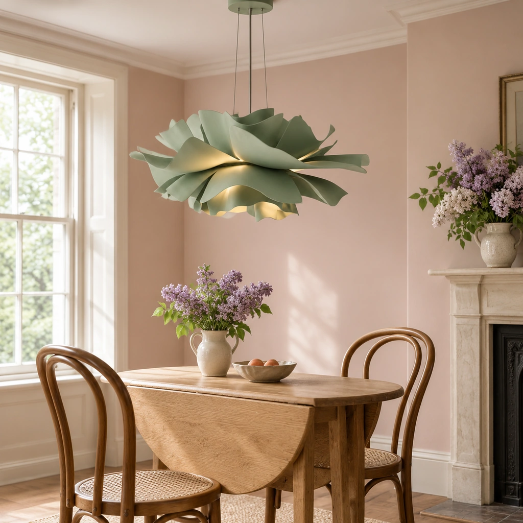 Sage Green lotus pendant above a small breakfast table
