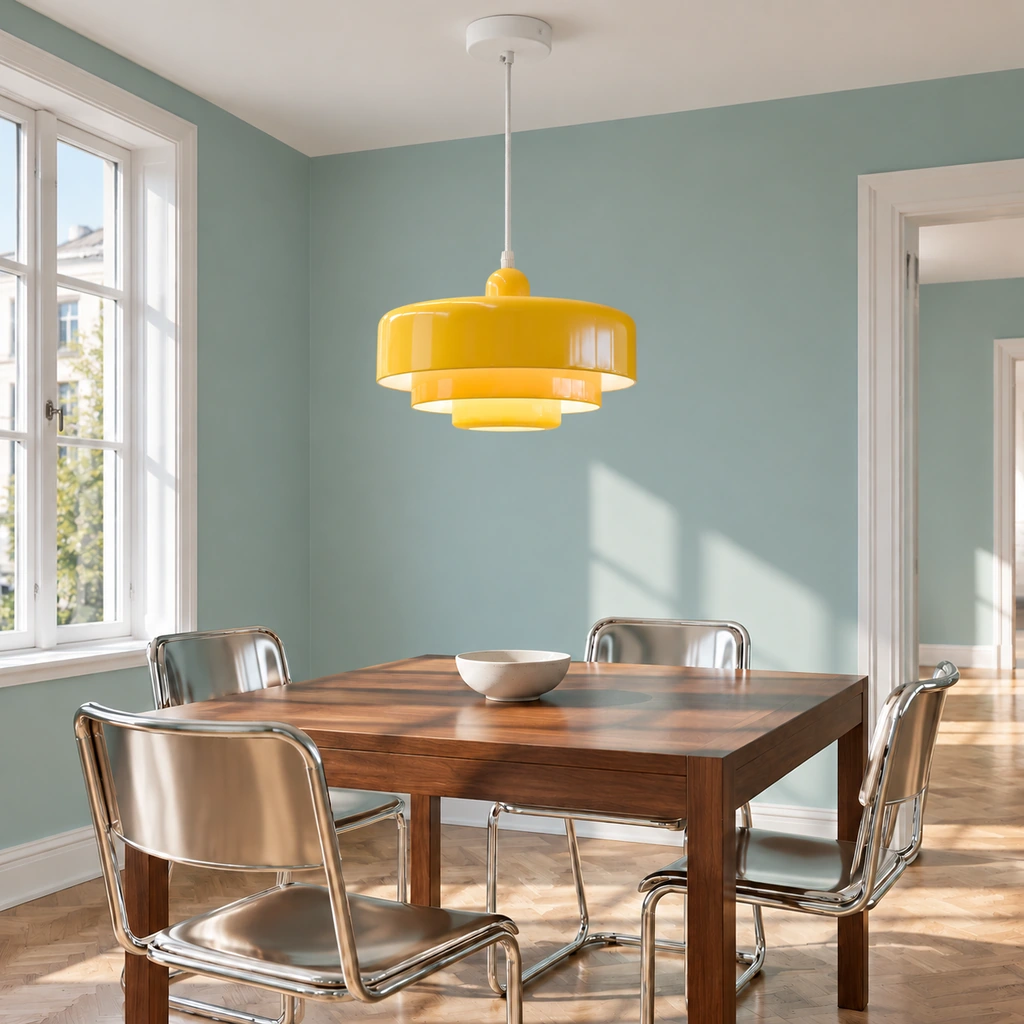 Yellow Aetna pendant above a walnut dining table