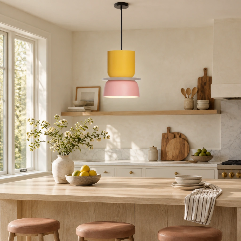 Lampadario a sospensione Macaron giallo e rosa chiaro sopra un'isola in rovere