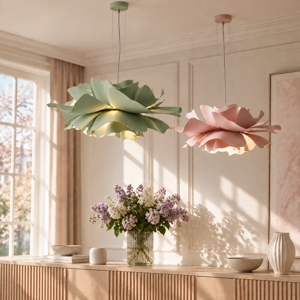 Sage Green and Pink lotus pendants above a pale console