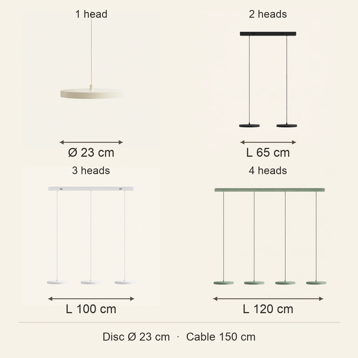 Diagramme des dimensions physiques d'Evanos : diamètre du disque de 23 cm et longueurs de têtes multiples de 65, 100 et 120 cm.