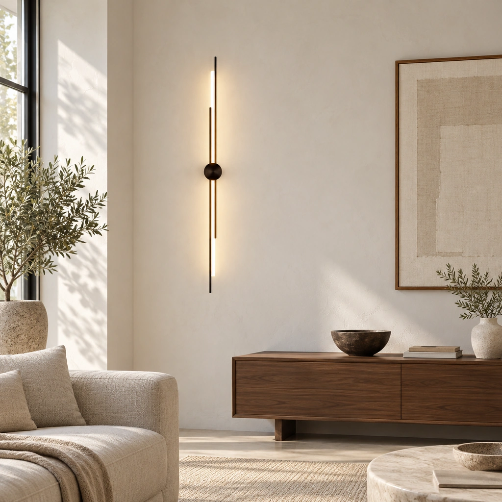 Applique lineare Lumen nera in un soggiorno luminoso con mobili in legno dai toni caldi