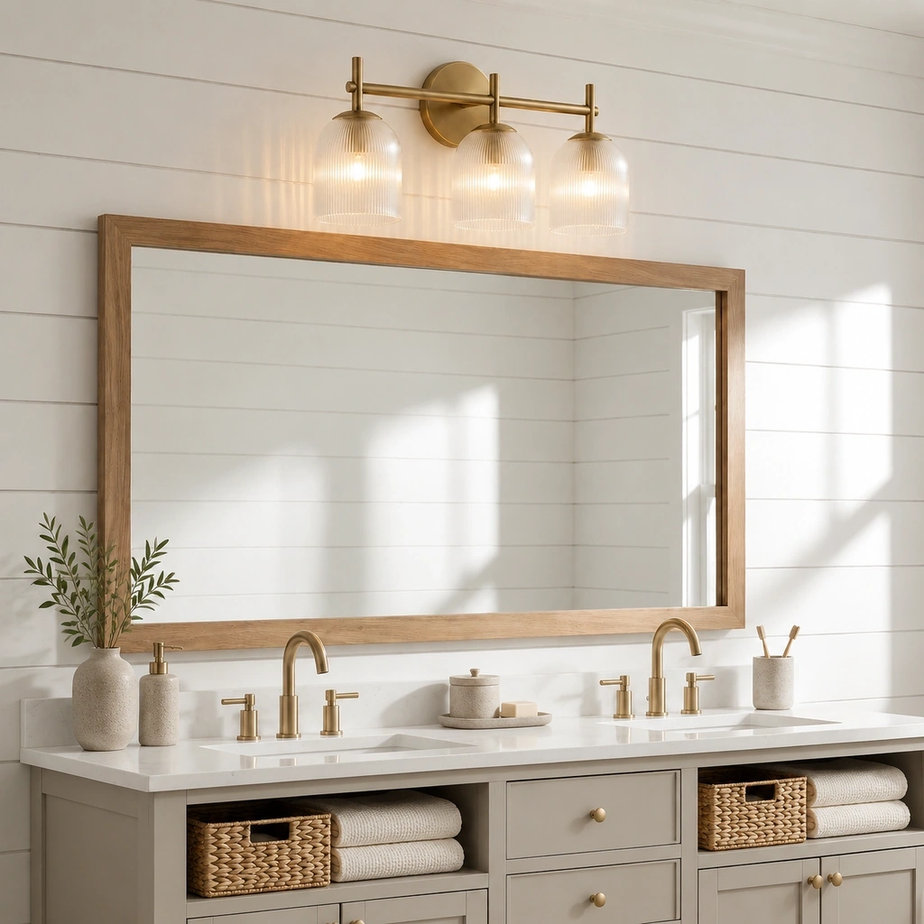 Vireo brass three-light vanity fixture with ribbed glass shades above a long wood-framed bathroom mirror