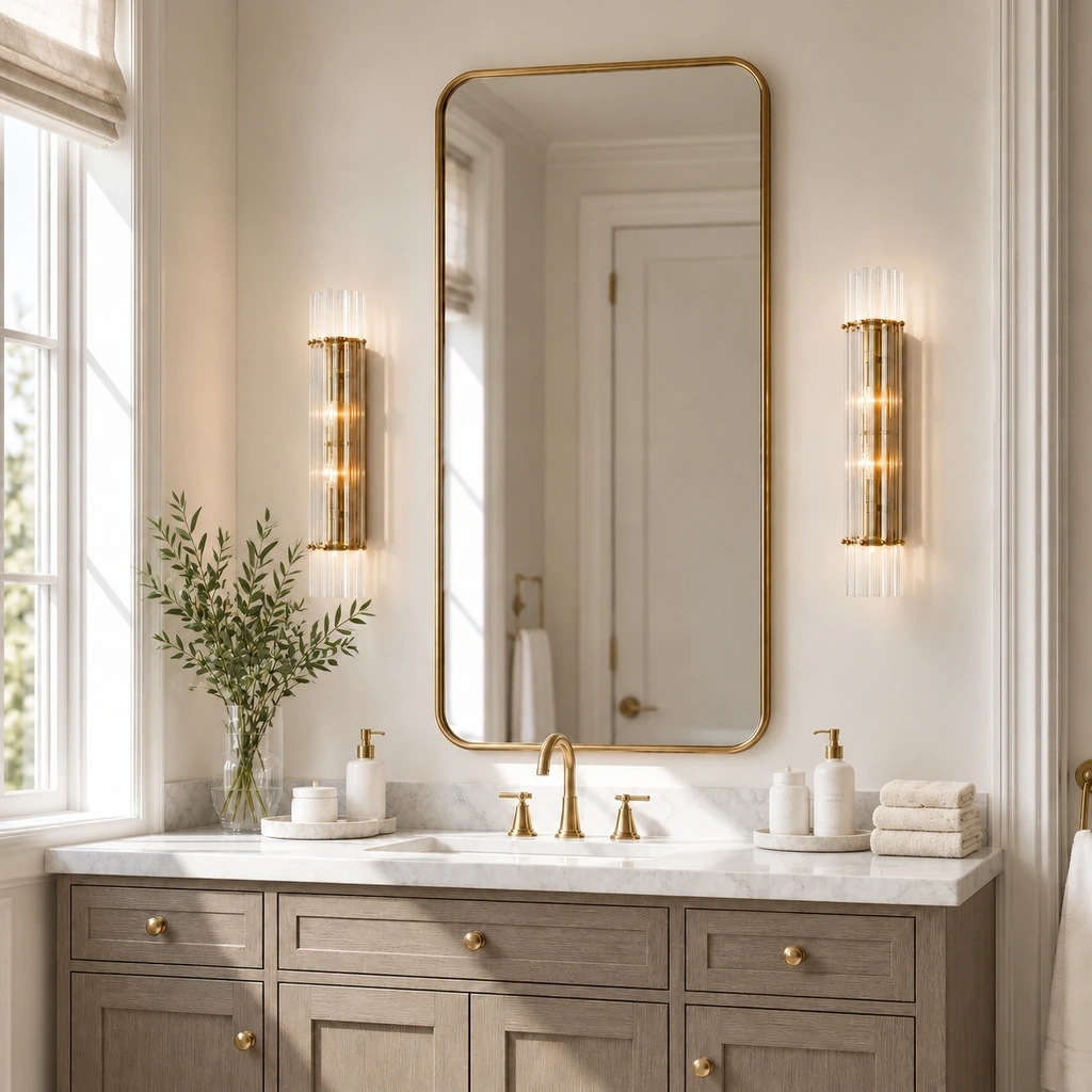 Two lit Merrick wall sconces with brass frames and vertical clear glass rods flanking a large arched brass mirror in a bright bathroom