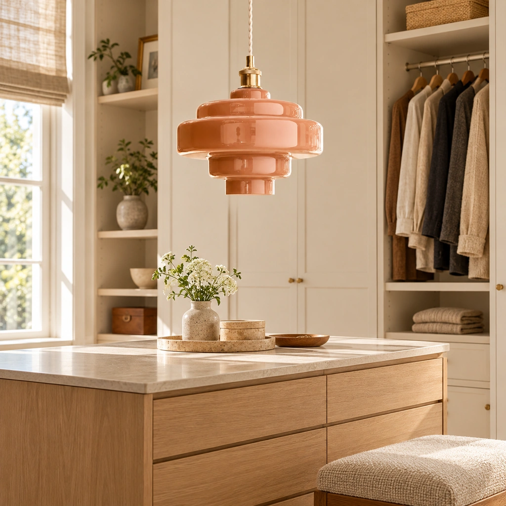 Rose Pink Mirelle pendant with short metal connector in an interior setting