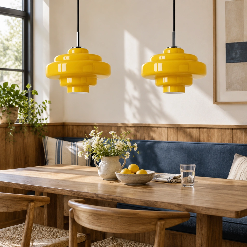 Matching yellow Mirelle pendants with direct cord connection in an interior setting