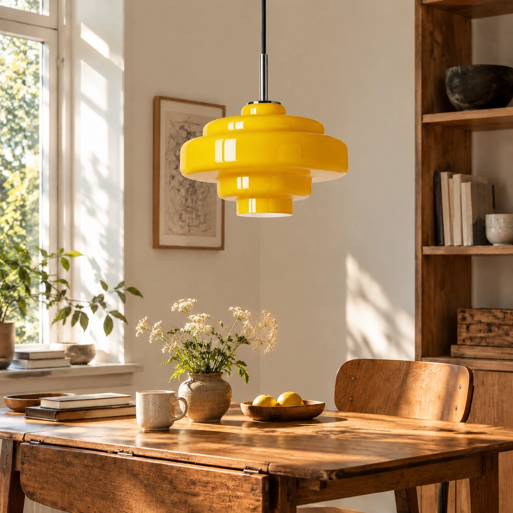 Yellow Mirelle pendant with direct cord connection in an interior setting