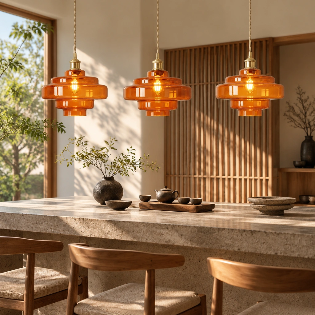 Matching amber orange Mirelle pendants with short metal connector in an interior setting
