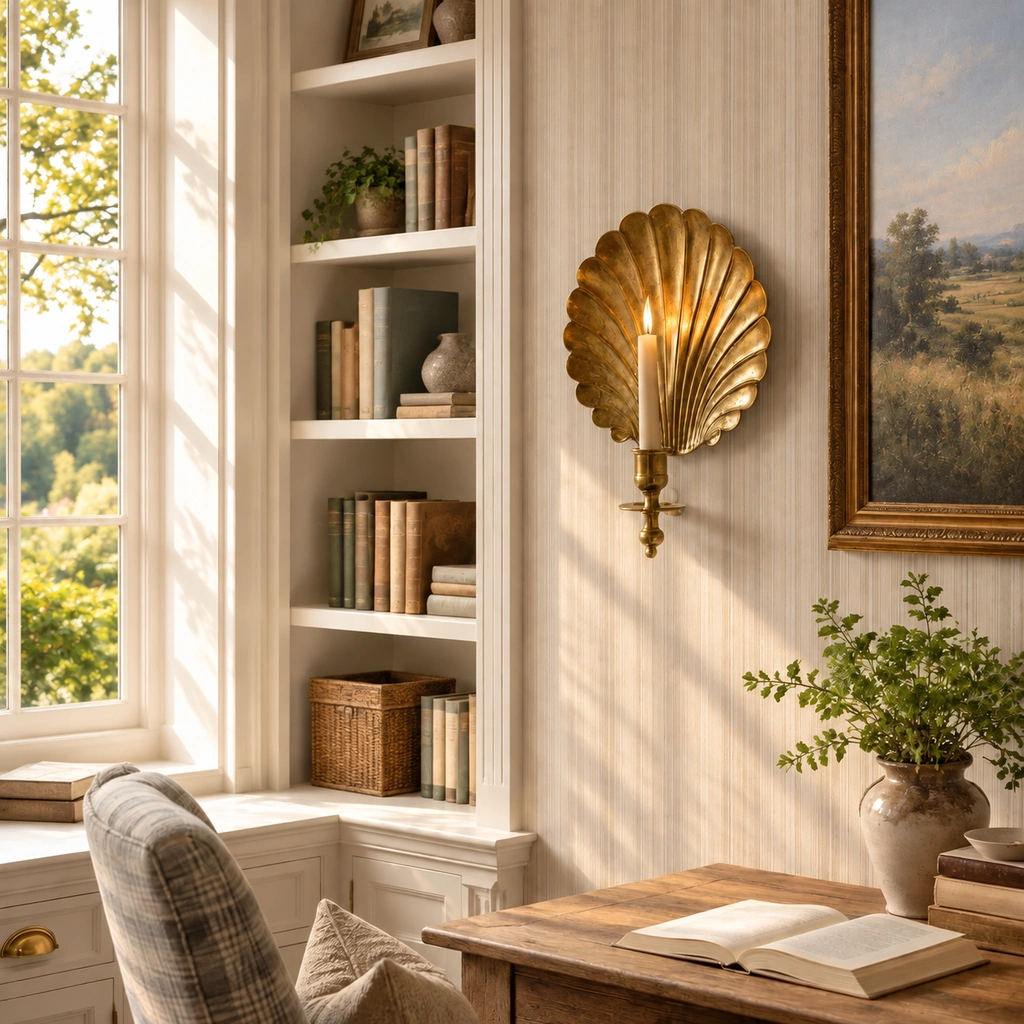 One lit Solenne shell sconce on a striped wall beside a bookshelf and window in a reading corner; candle not included