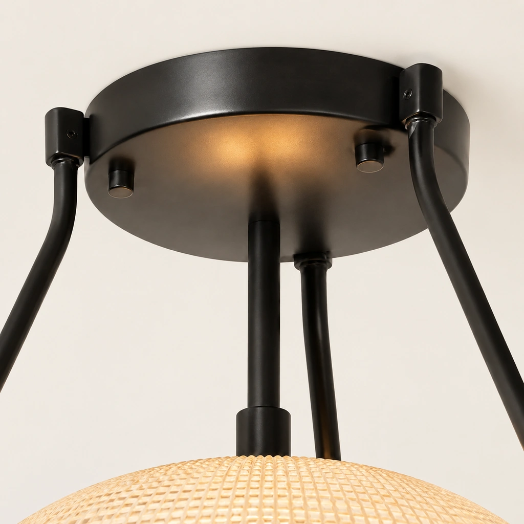 Black Athena ceiling canopy with support arms, center rod, and warm light reflection