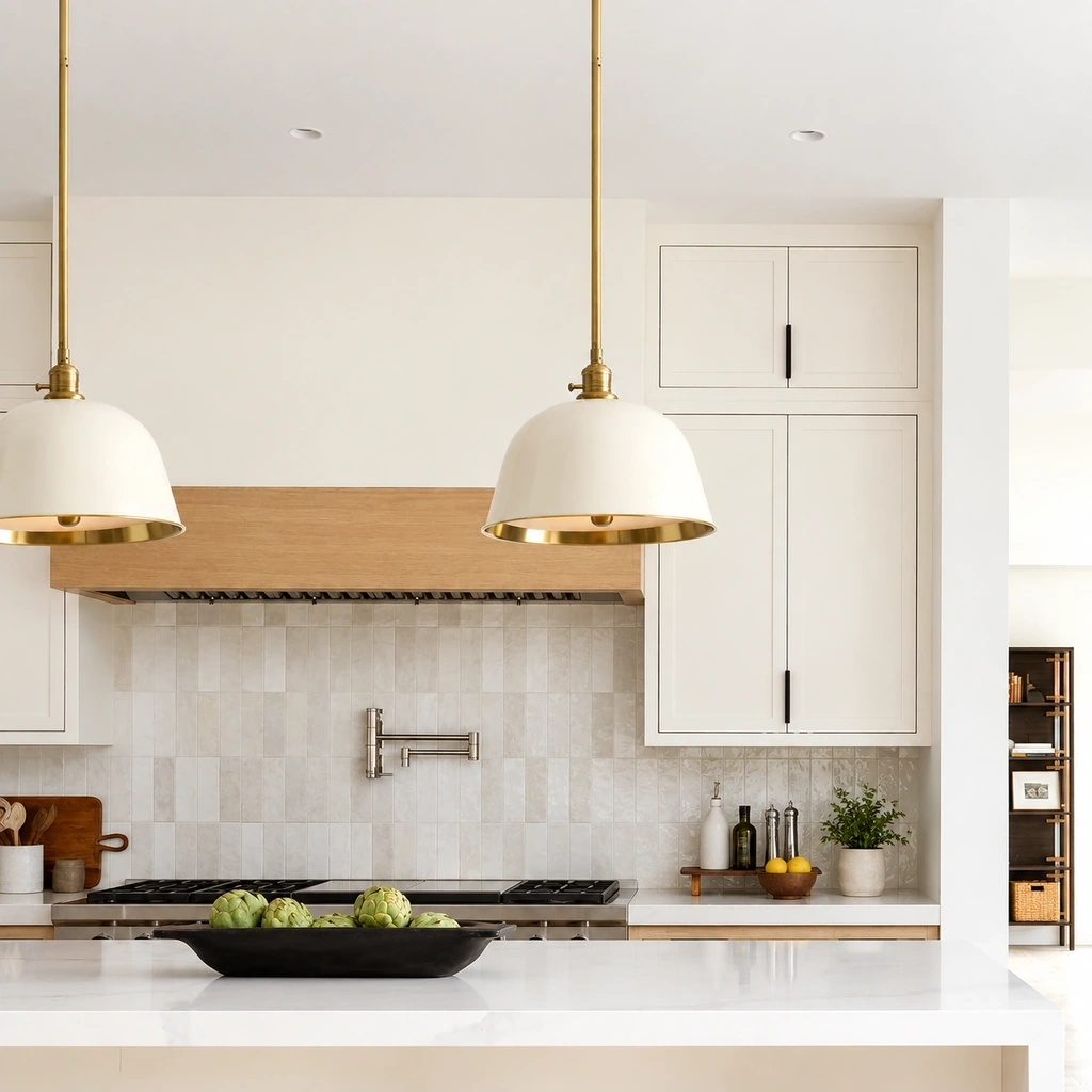 A pair of white Ellis bell pendants over a bright kitchen island