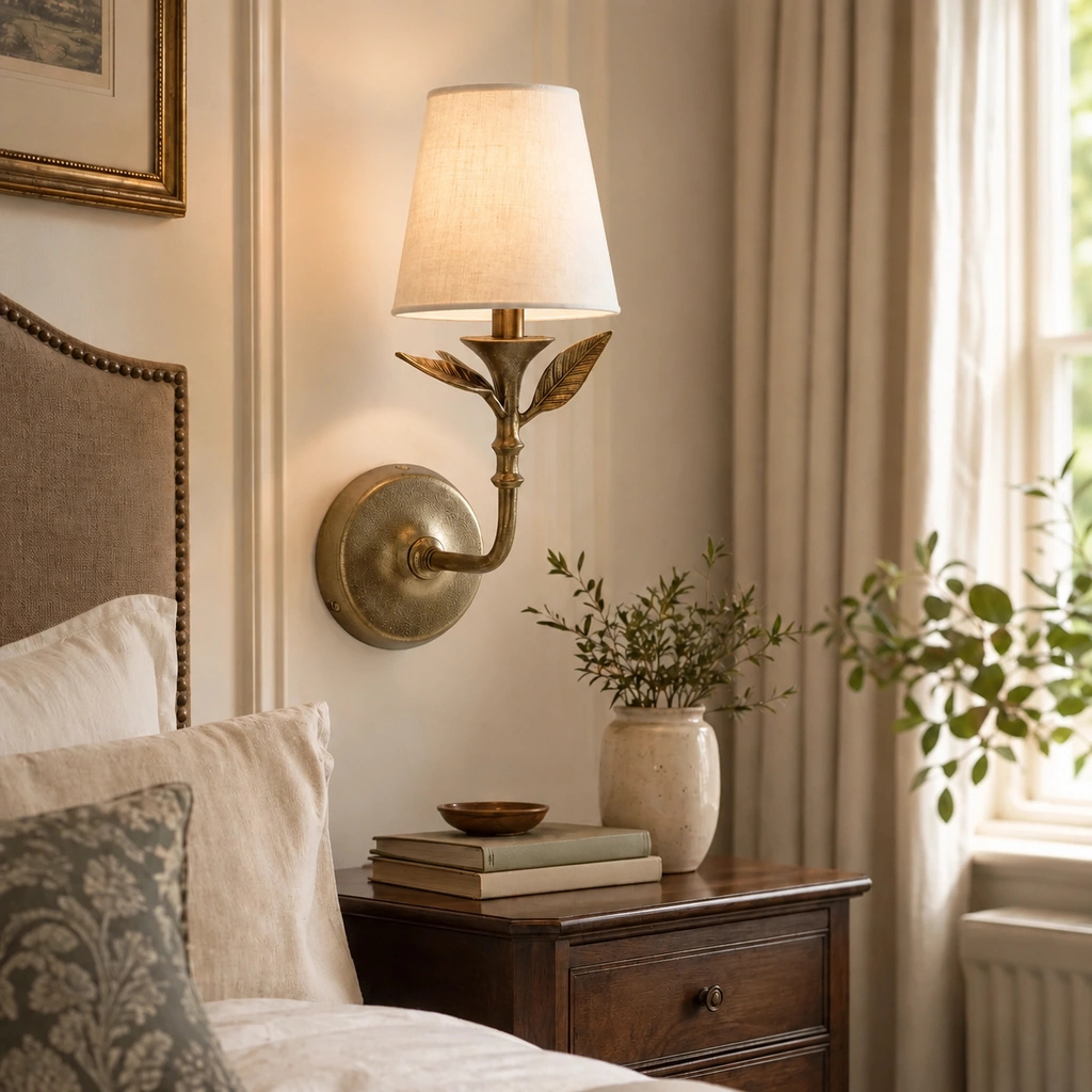 Celia wall sconce with linen shade lit above a bedside table