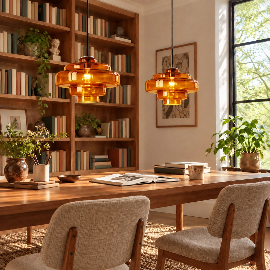 Matching amber orange Mirelle pendants with direct cord connection in an interior setting