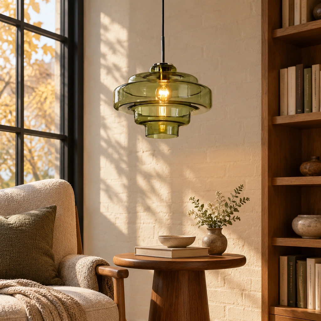 Green Mirelle pendant with direct cord connection in an interior setting
