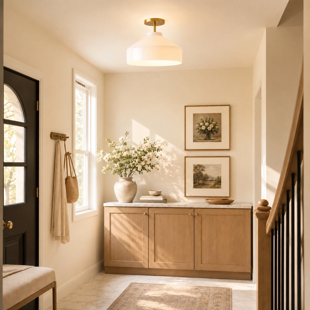 Single lit semi-flush ceiling light with broad opal white glass shade and brass canopy above a light-wood entryway cabinet
