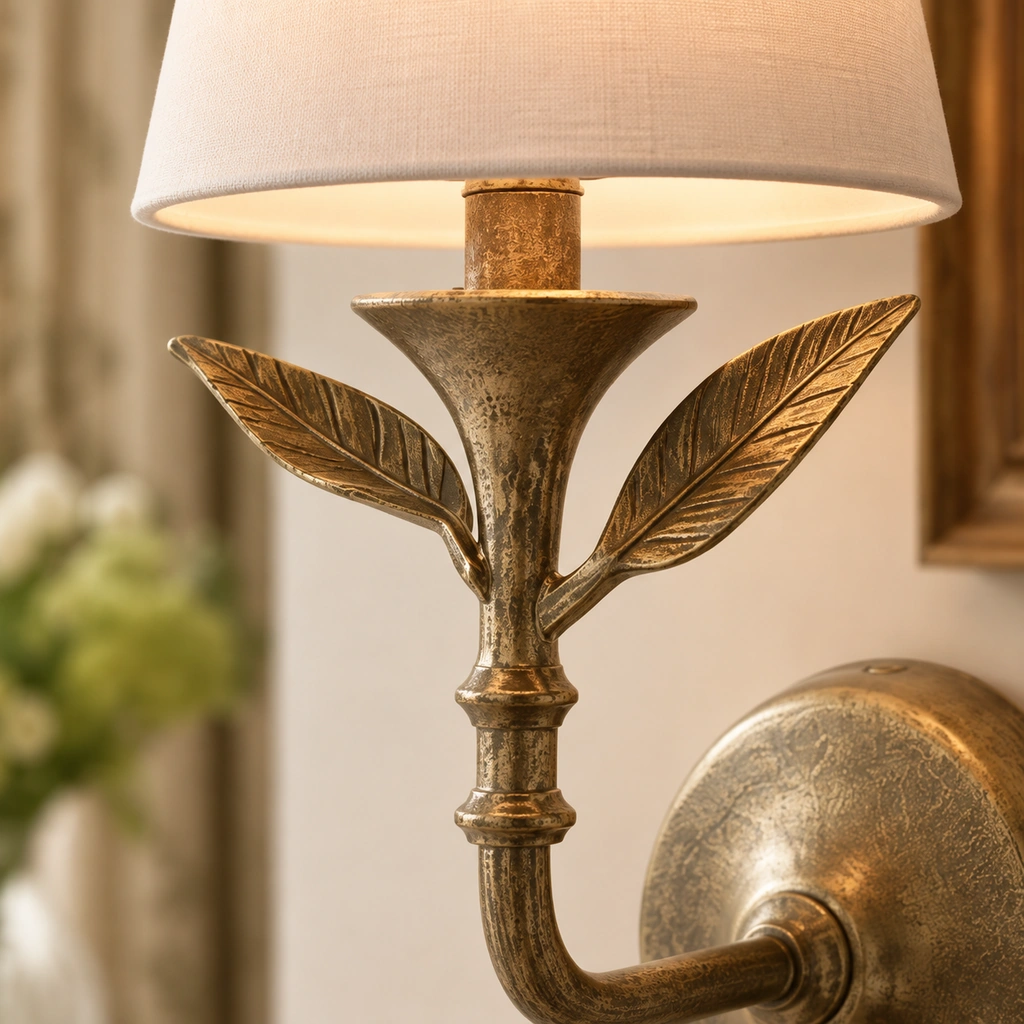 Close-up of the Celia sconce leaf-shaped metal stem and antique brass wall plate