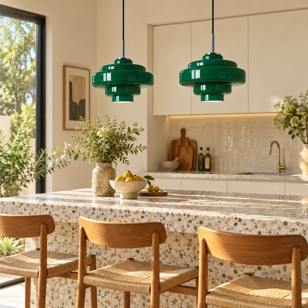 Matching dark green Mirelle pendants with direct cord connection in an interior setting