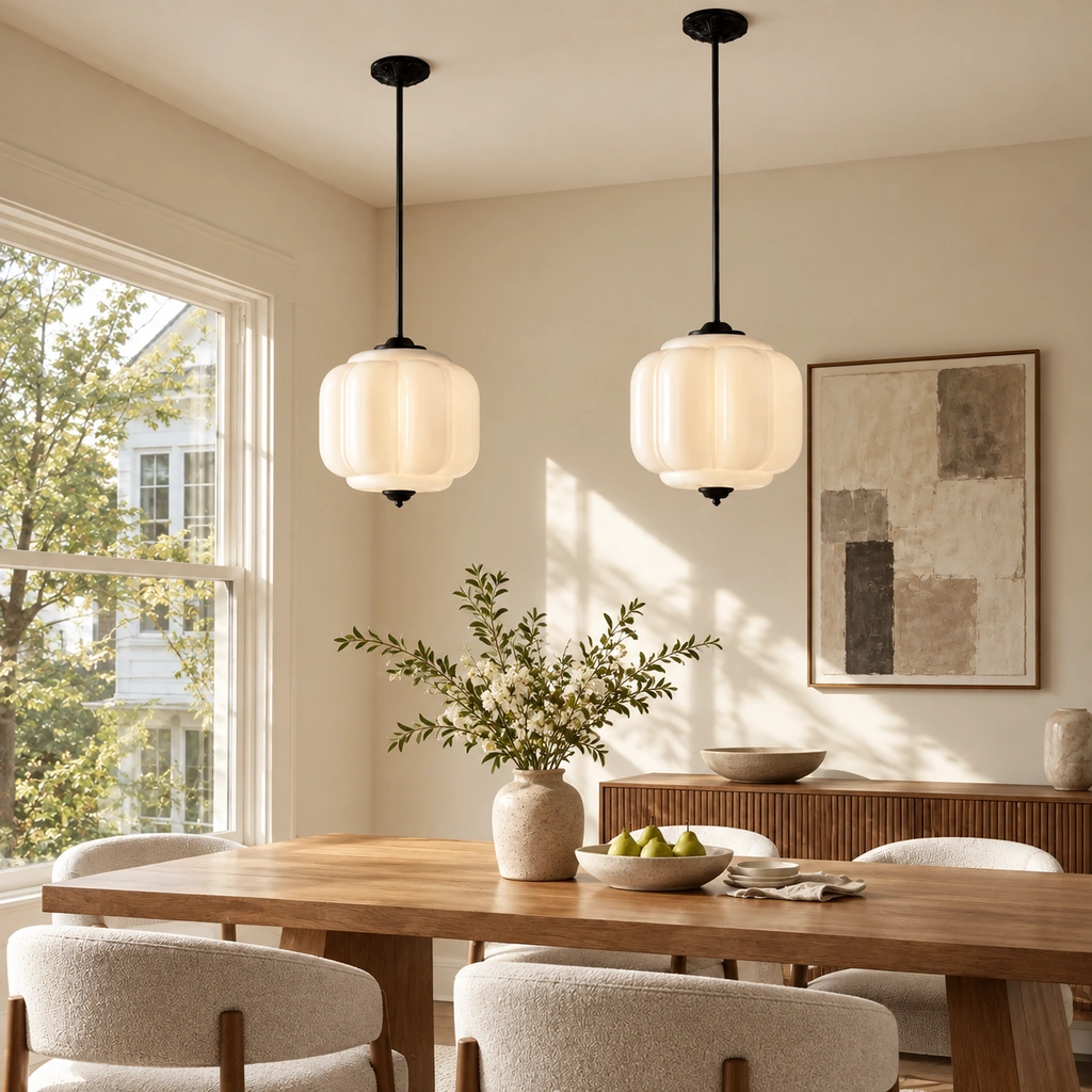 Two Lumi Eloise White Glass + Black pendants above a dining table