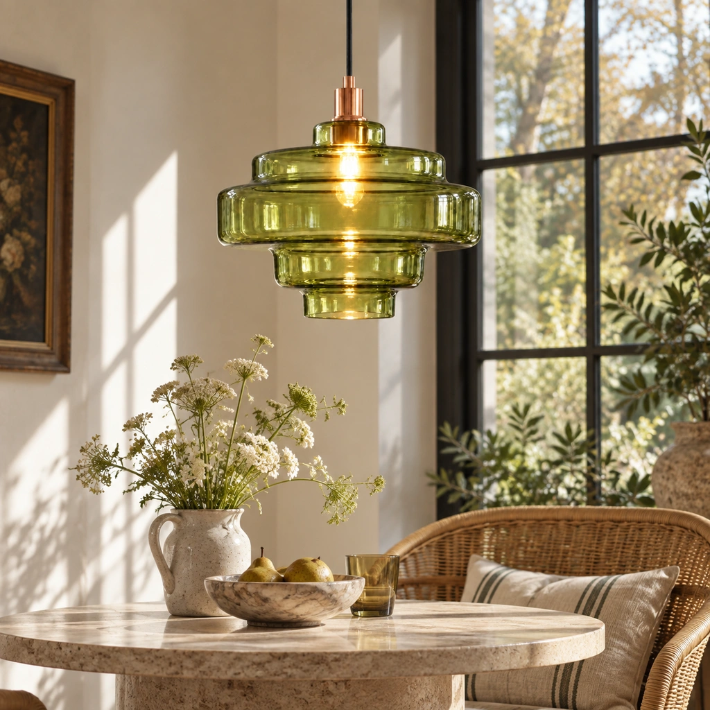 Green Mirelle pendant with short metal connector in an interior setting