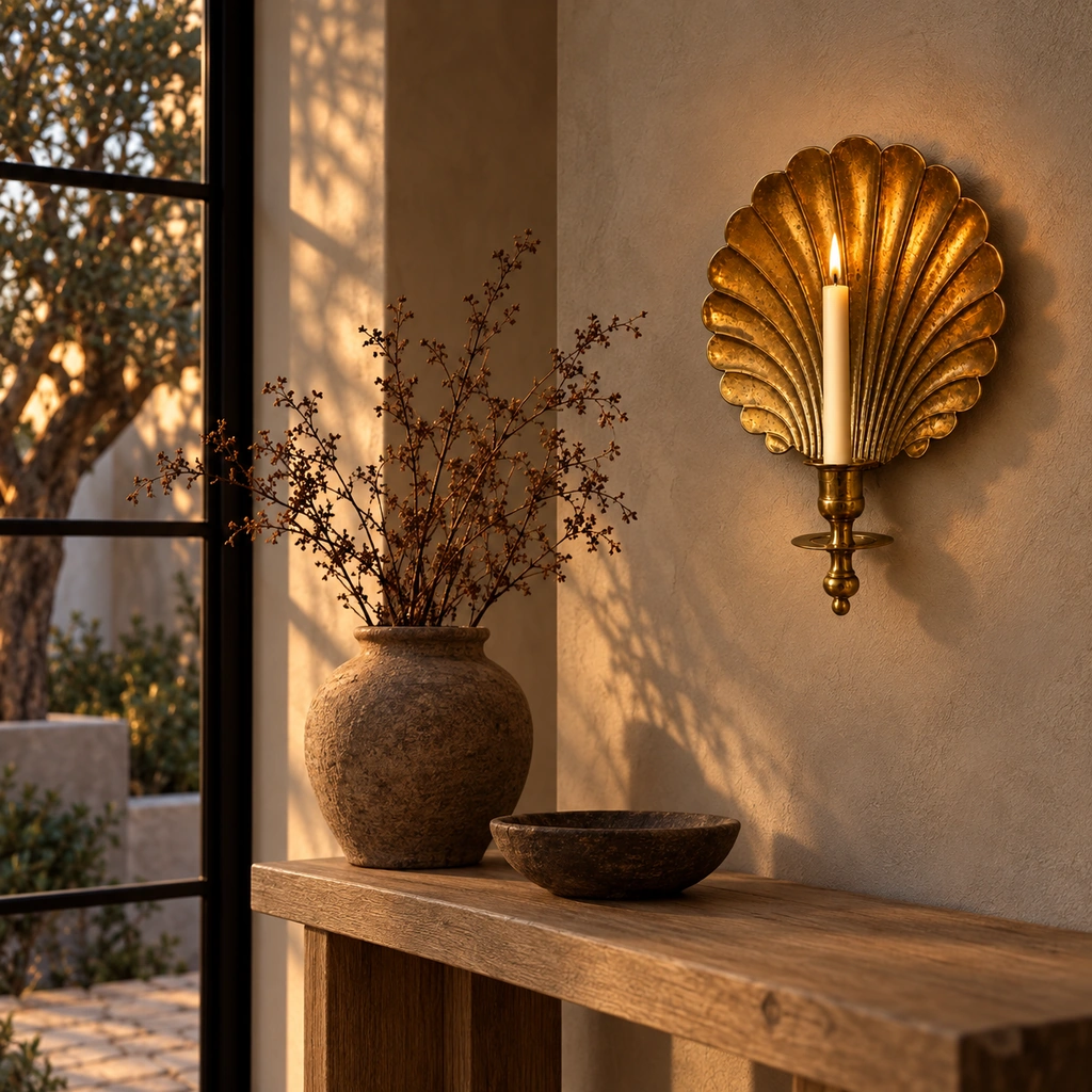 Solenne Brass Shell Candle Wall Sconce — scene
