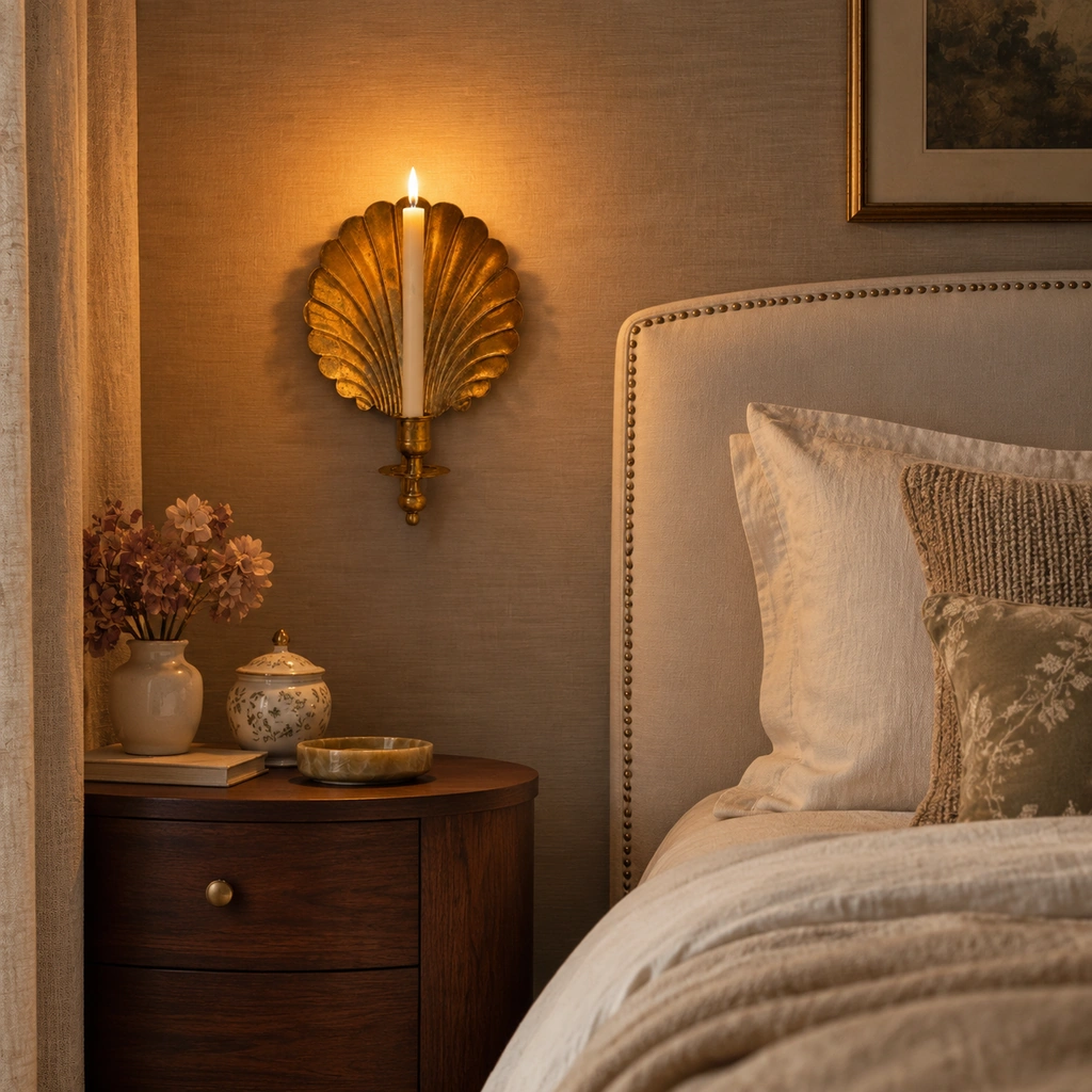 Solenne Brass Shell Candle Wall Sconce — scene