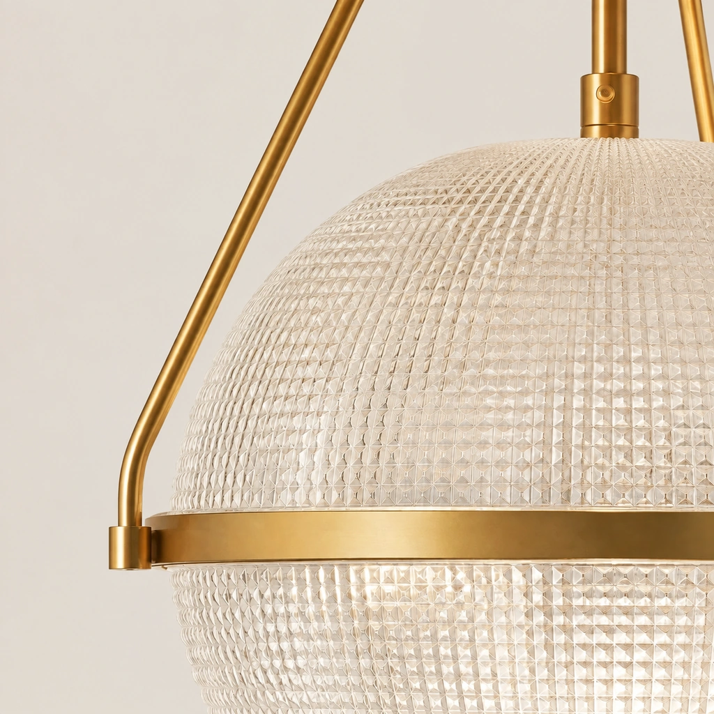 Gold Athena yoke, rim band, suspension rods, and textured glass globe close-up