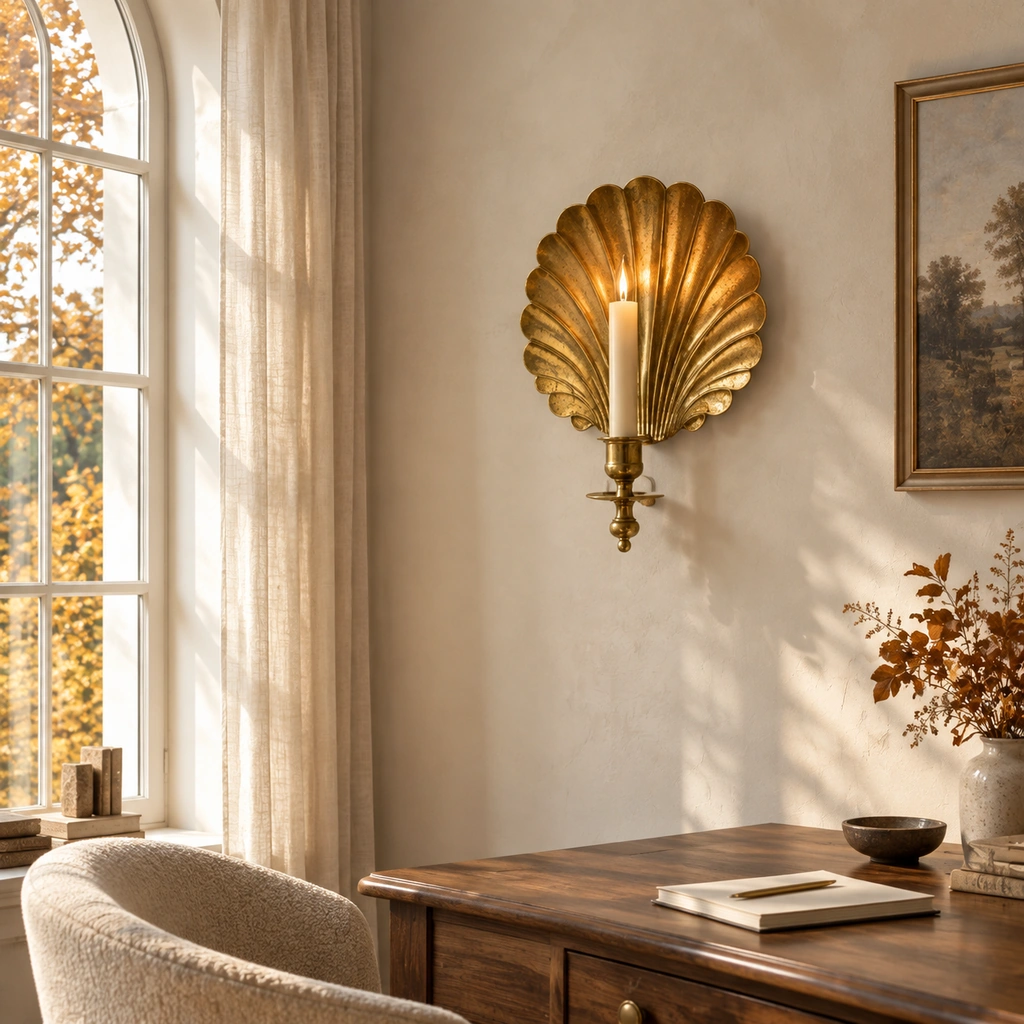 Solenne Brass Shell Candle Wall Sconce — scene