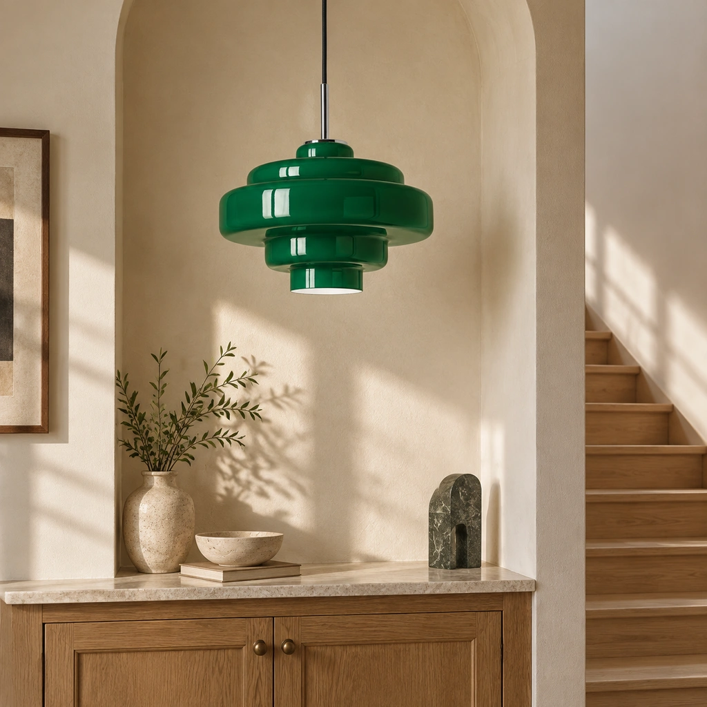 Dark Green Mirelle pendant with direct cord connection in an interior setting