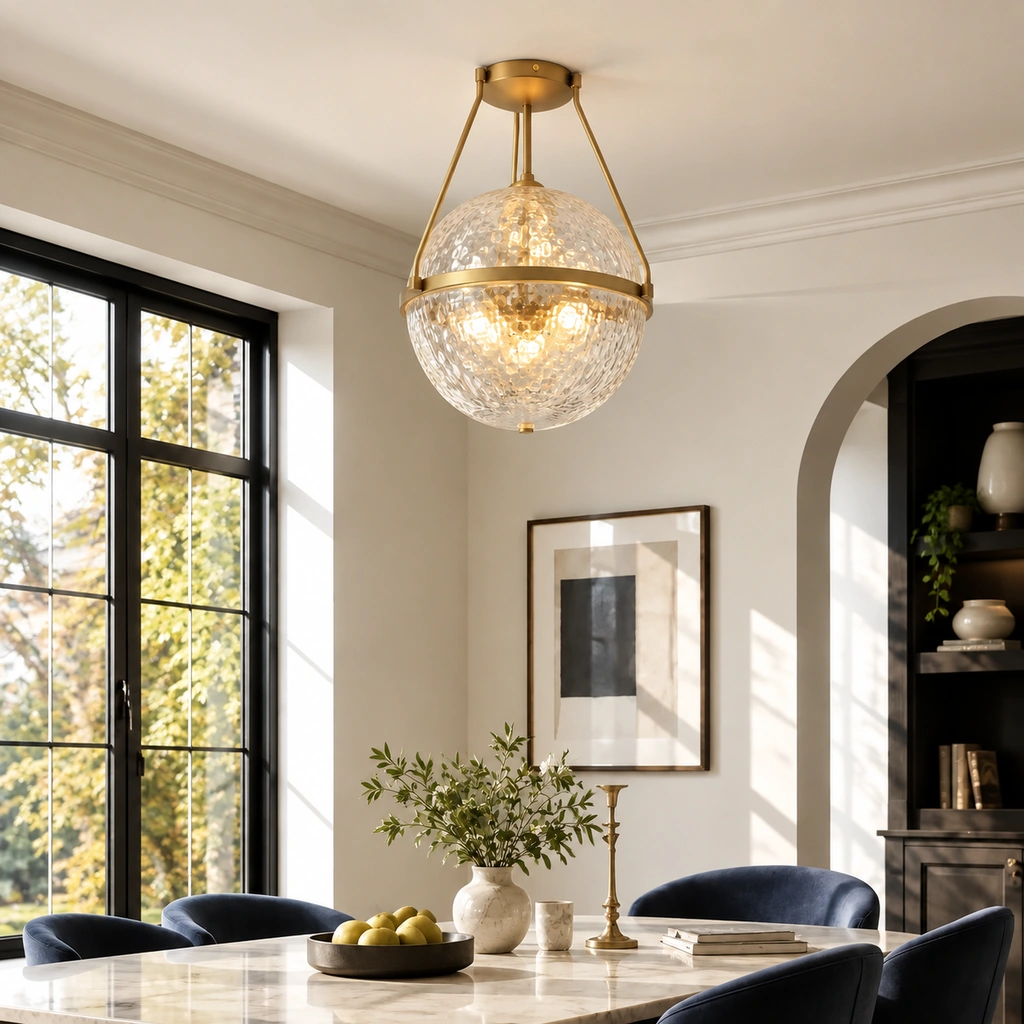 Gold Athena textured glass semi-flush ceiling light lit above a marble dining table