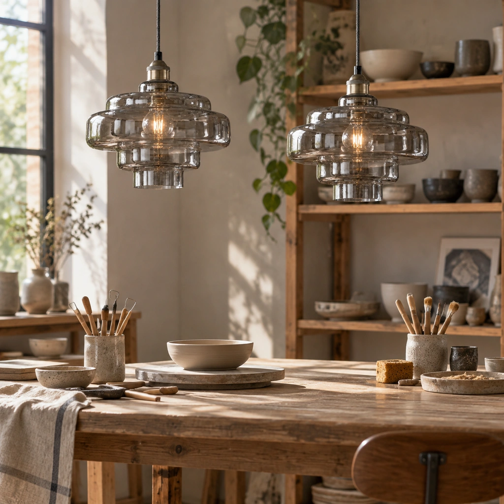 Matching smoke grey Mirelle pendants with short metal connector in an interior setting
