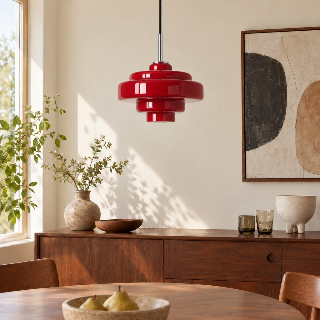 Red Mirelle pendant with direct cord connection in an interior setting