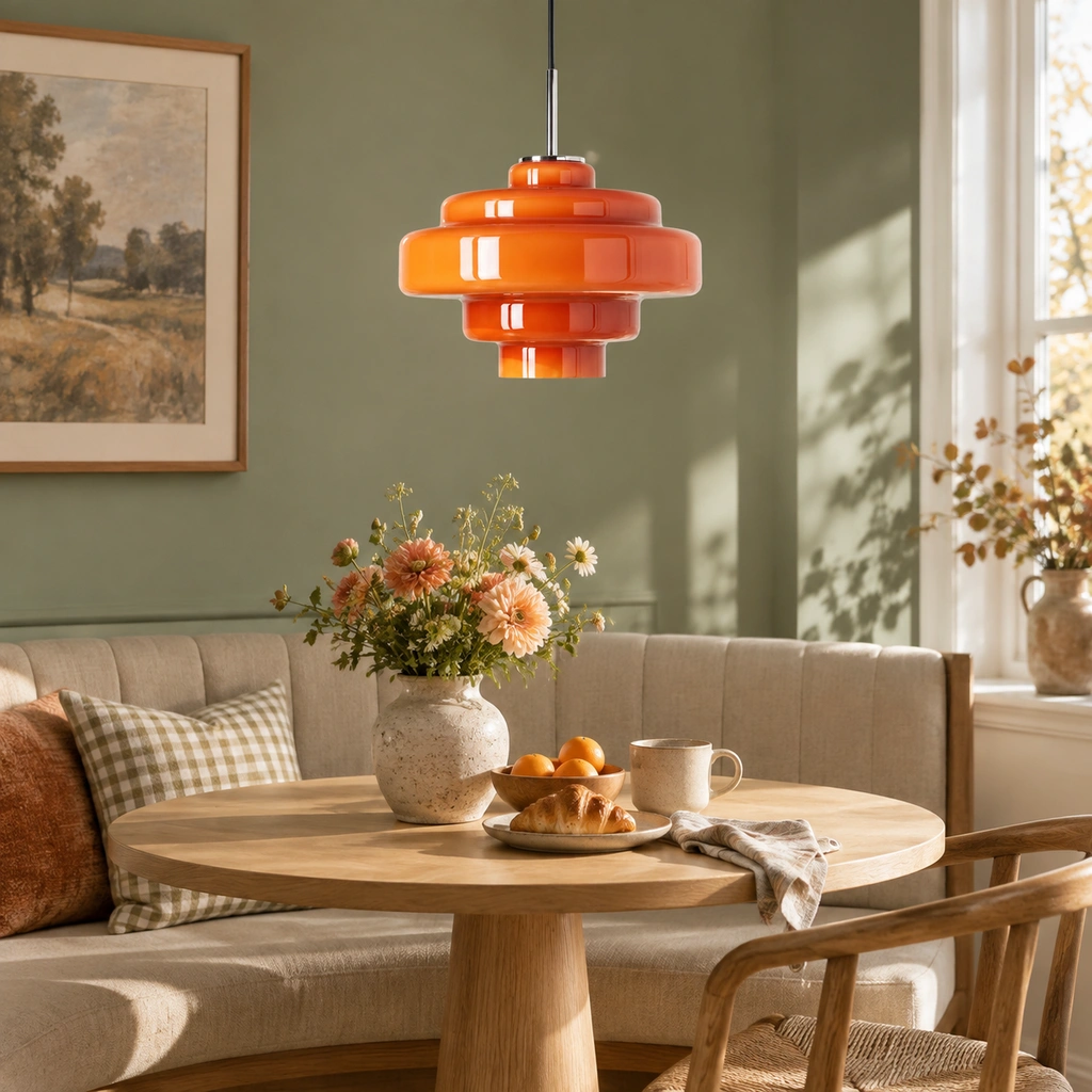 Orange Mirelle pendant with direct connection above a breakfast table