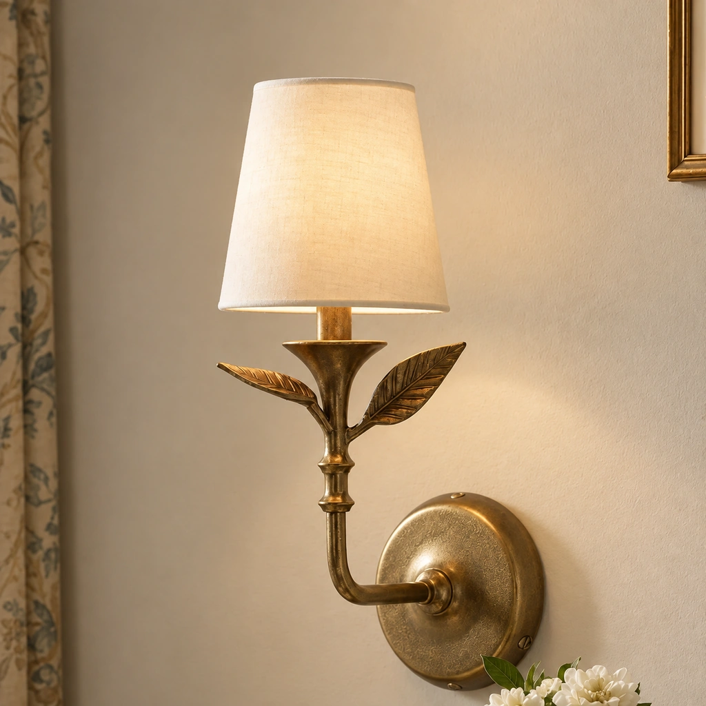 Celia wall sconce in Antique Brass with linen shade