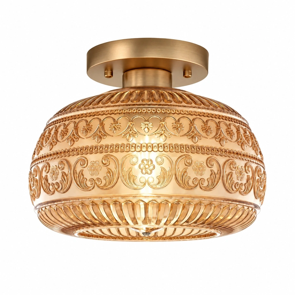 Oliver amber carved-glass ceiling light, complete product view on a white background