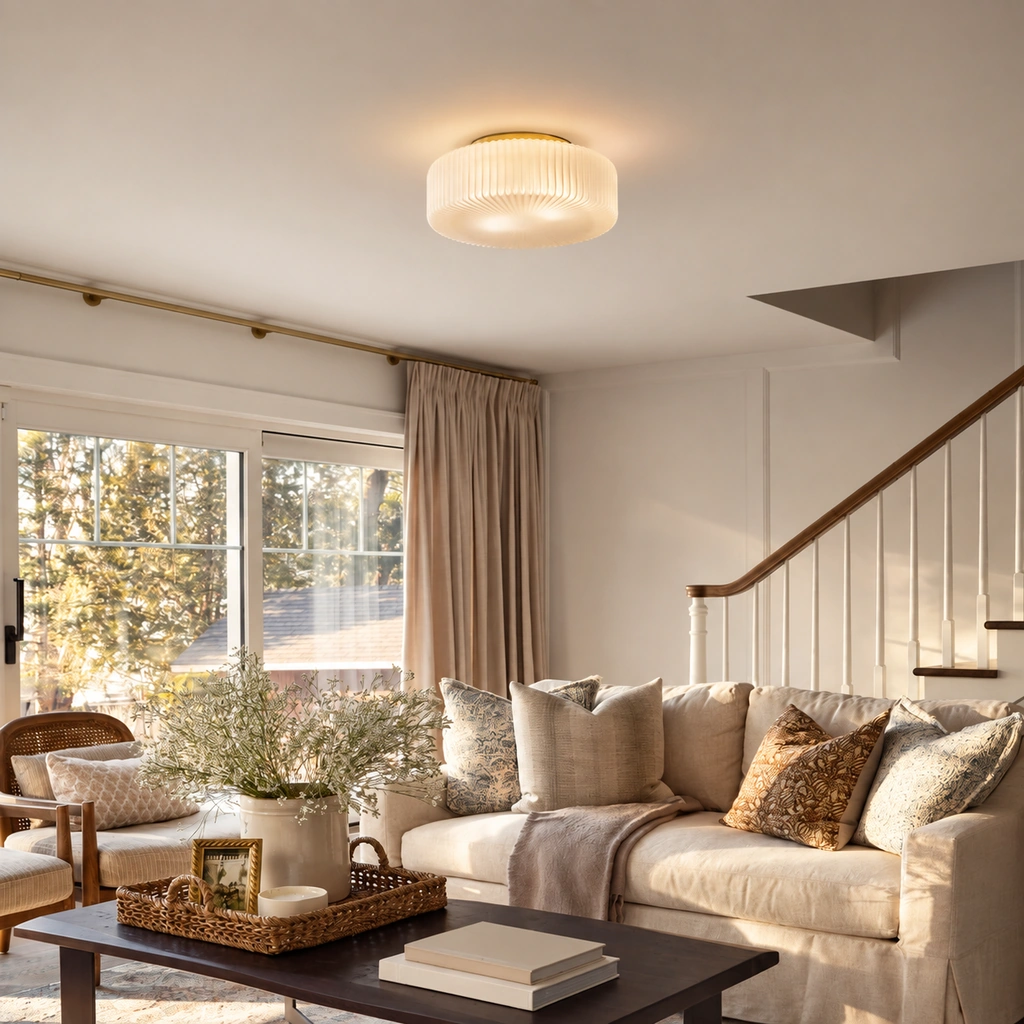Elowen ribbed opaline glass ceiling light in a sunlit living room seating area