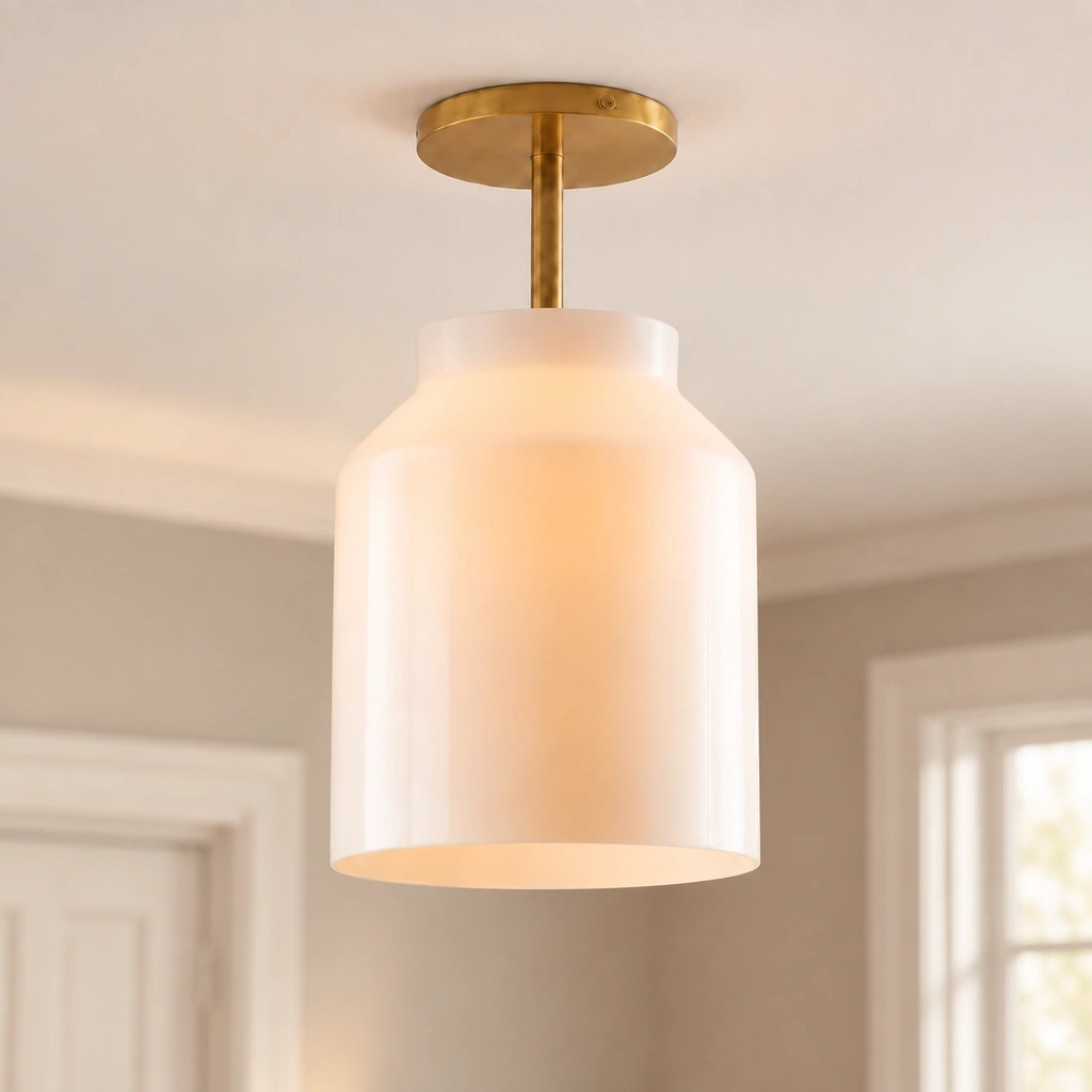 Close-up of a lit semi-flush ceiling light with cylindrical opal white glass shade, brass stem and flush round canopy